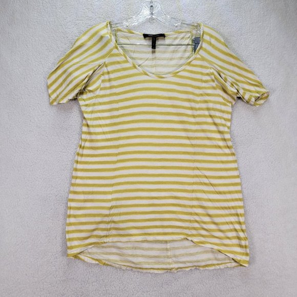 BCBGMaxazria Chartreuse Striped Knit Hi Low Casual Comfy Tunic Blouse Top - Picture 1 of 12